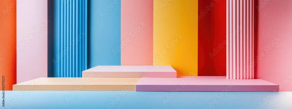 Poster Minimalist stationery display in vibrant colors showcasing aesthetic appeal with ample copy space for text in a stylish studio setting