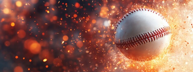 Dynamic close-up of a baseball in motion with vibrant colors and motion blur creating an energetic backdrop for promotional text.