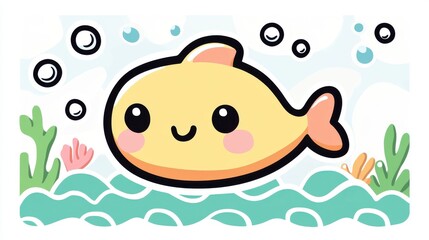 Playful Cartoon Fish Swimming Near Coral Reef Bubbles in Bright Underwater Scene