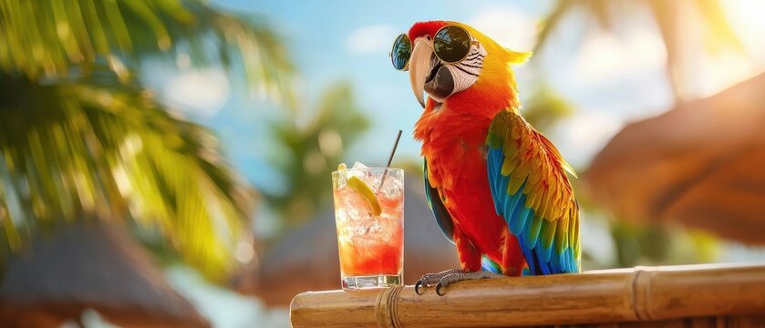 A vibrant parrot wearing sunglasses enjoys a tropical drink by the beach, surrounded by palm trees and a sunny sky.