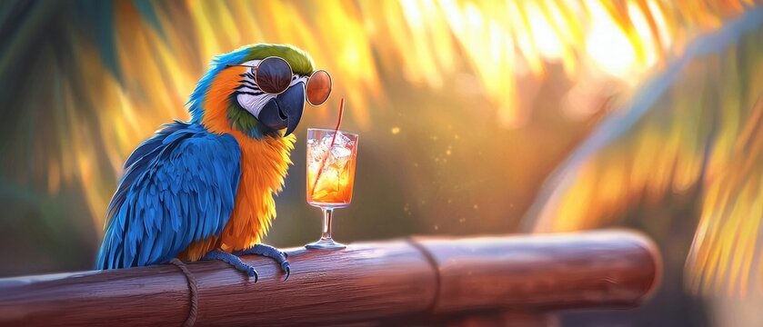A vibrant parrot enjoys a tropical drink on a bamboo railing, set against a warm, blurred background of palm leaves.