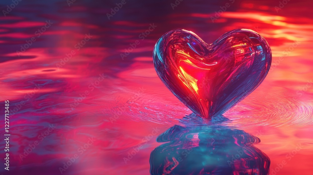 Poster heart shaped glass object reflecting on vibrant crimson background with abstract patterns of light a