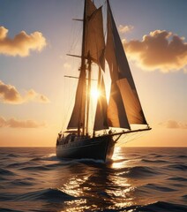 Fototapeta premium Sails billowing with the last rays of sunlight, casting a warm glow across the deck of a sailing vessel as it cuts through the glassy surface of the sea, glow, peaceful