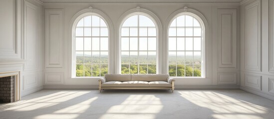 Elegant neutral living room with a cozy sofa and large arched windows providing a serene outdoor view and ample space for text elements