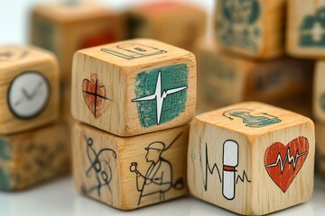 An organized display of wooden blocks featuring health-themed icons, including an ambulance, health report, and insurance emblem. This illustration captures the essence of healthcare services 