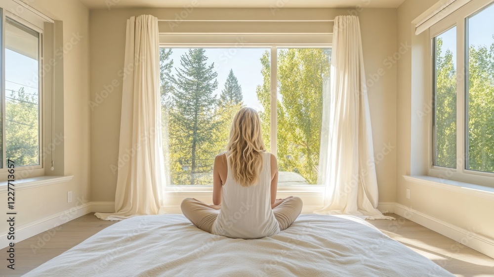 Poster serene bedroom with minimalistic white design featuring large windows and a calming natural view for