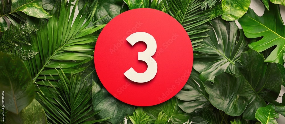 Poster vibrant red circle featuring number 3 surrounded by lush green leaves and ample blank space for cust