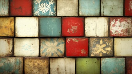 A close up shot of a wall composed of square tiles in various colors and patterns. The tiles show signs of wear and age, giving it a rustic feel. The