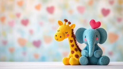 Colorful Felt Elephant and Giraffe Plush Toys Sitting Together on Light Background with Hearts and Blank Space for Text in Children s Crafts