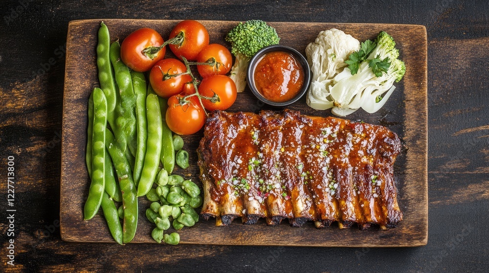 Poster fresh colorful vegetables and spare ribs on wooden platter with empty space for text showcasing heal