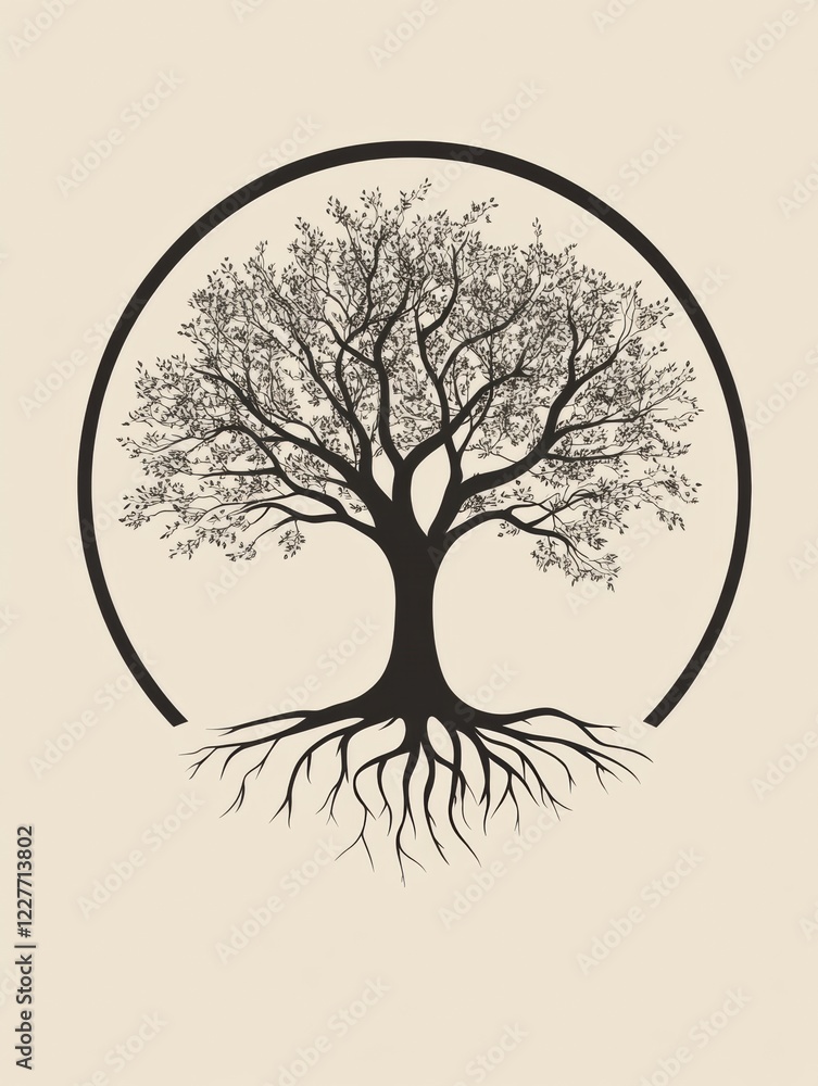 Poster elegant tree of life display featuring intricate roots and leaves in a harmonious circular design. g