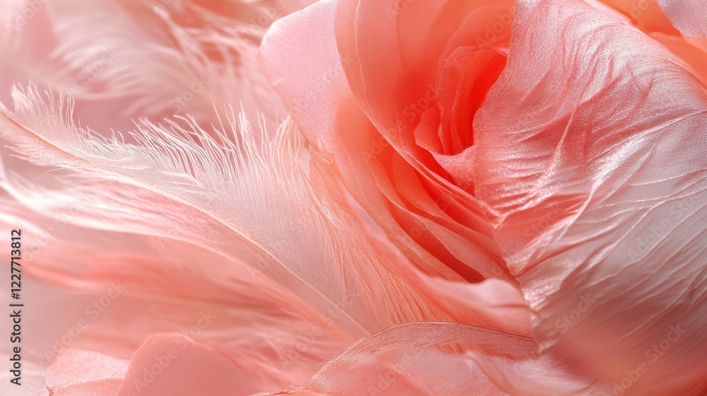 Poster pastel rose and silk chiffon texture with delicate feathers for soft and elegant design backgrounds