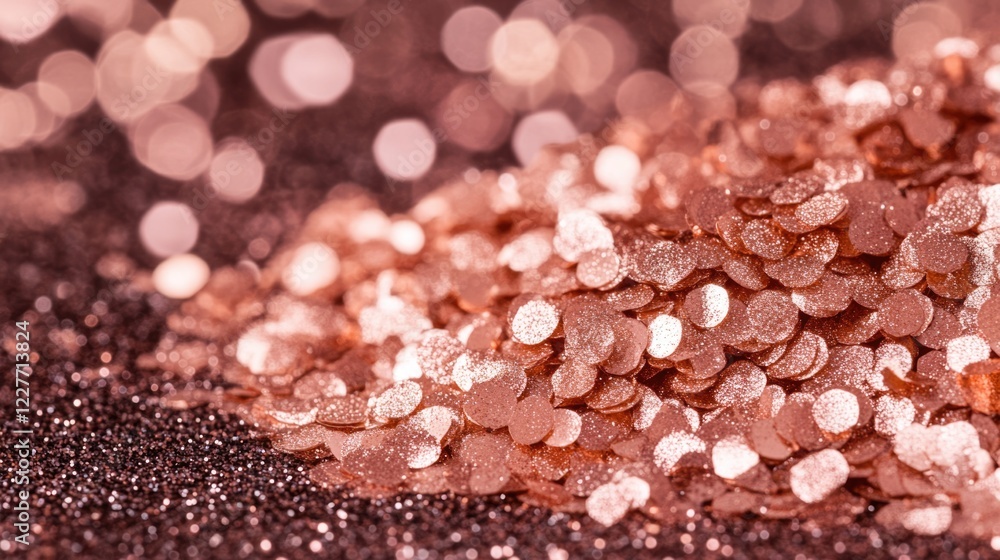 Poster rose gold glitter confetti with shimmering bokeh lights on a dark brown backdrop creating a luxuriou