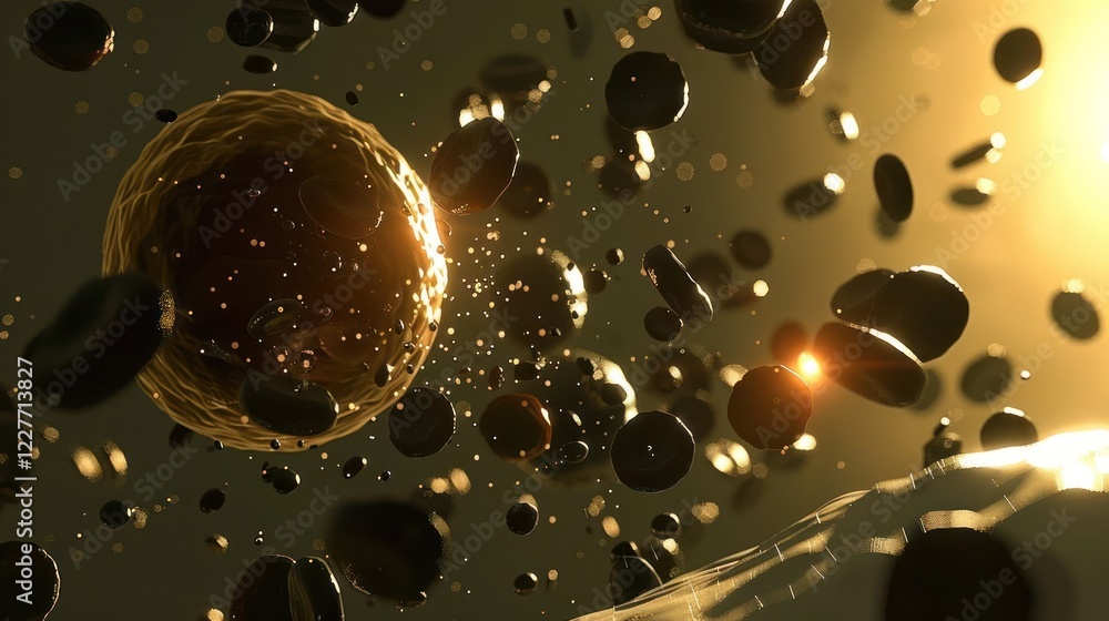 Poster abstract representation of molecular structures in motion with a glowing background and particles