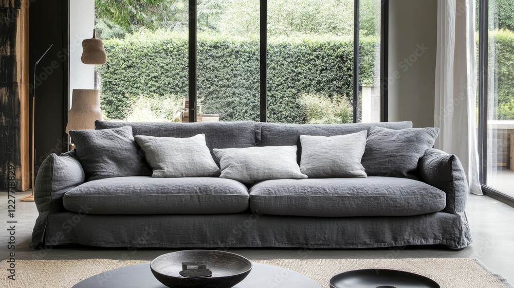 Poster modern gray sofa in a serene living room with soft cushions and large windows overlooking a lush gre