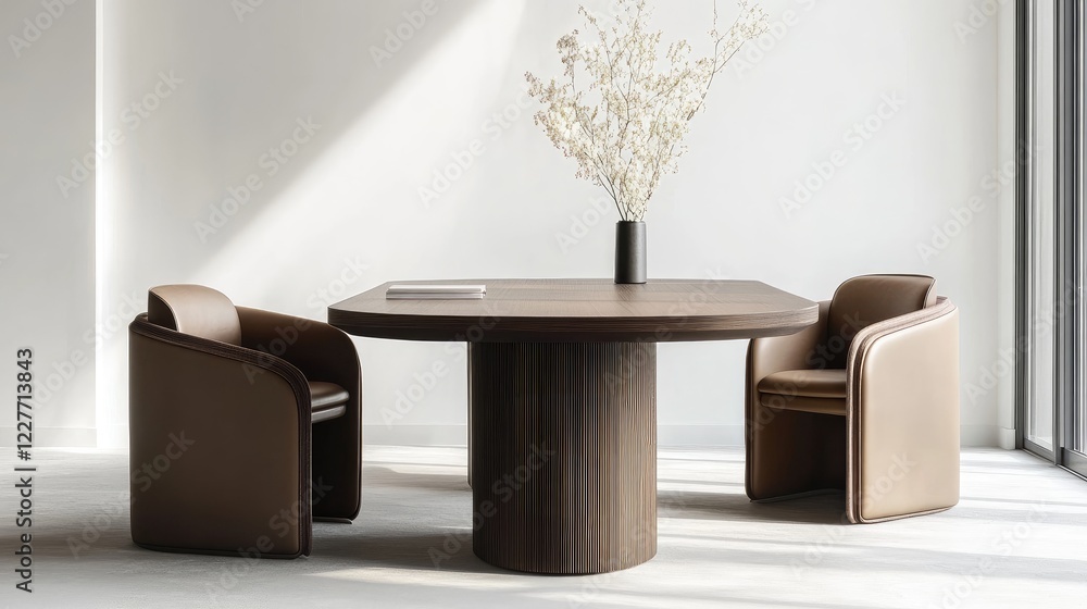 Poster elegant minimalistic workspace featuring a round modern table and stylish chairs surrounded by natur