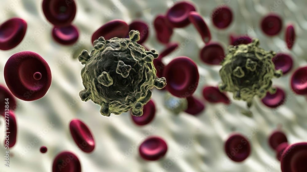 Poster microscopic view of viruses attacking red blood cells in a fluid environment, showcasing cellular in