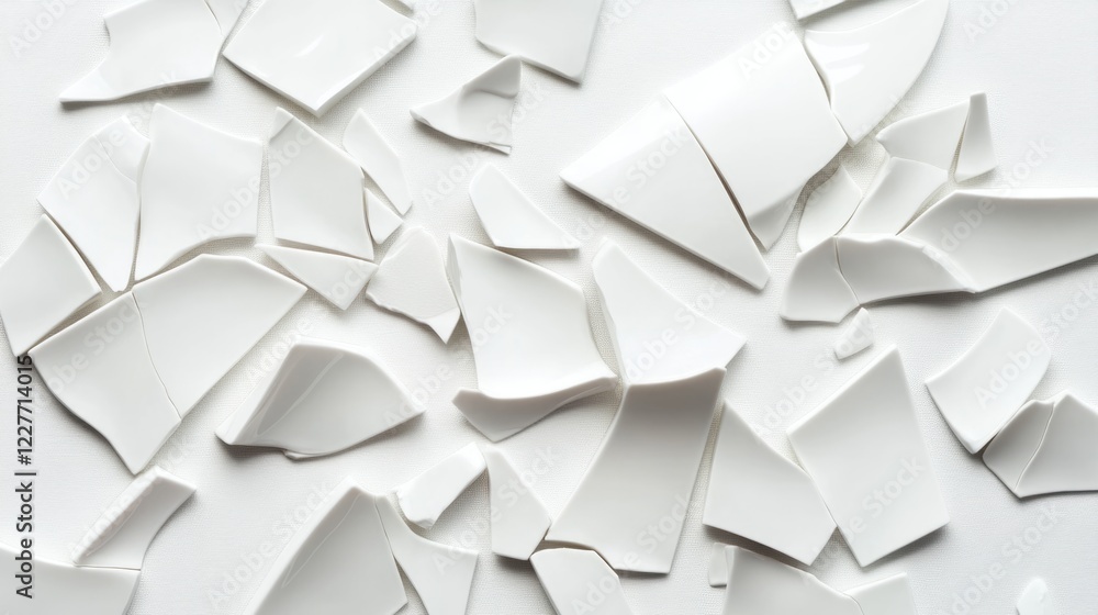 Poster Broken White Ceramic Plate Shards Displayed on a Neutral Background Creating an Artistic and Textured Composition