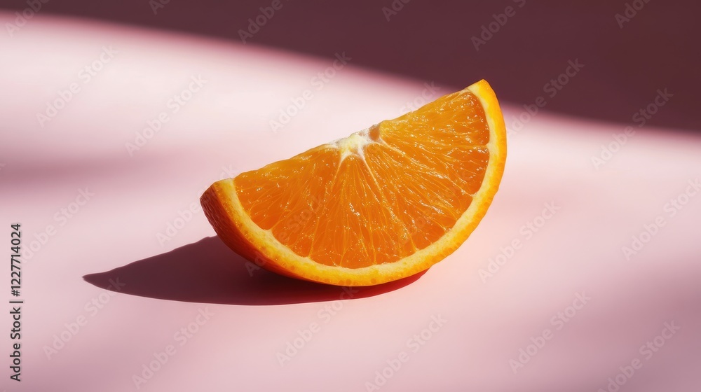 Poster orange slice placed elegantly on a soft pink background highlighting freshness and vibrant colors in