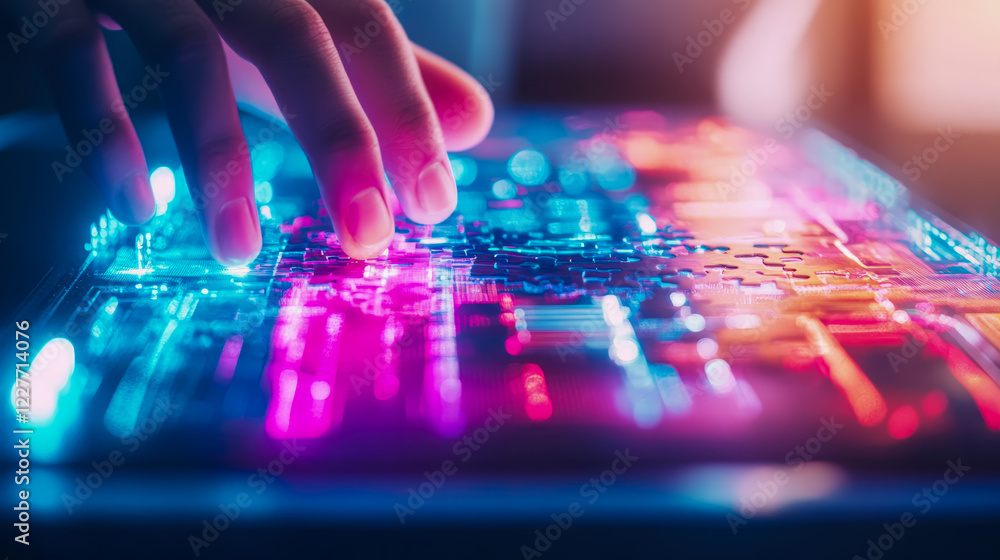 Poster neon glow puzzle solution: a hand interacting with illuminated puzzle pieces on a futuristic surface