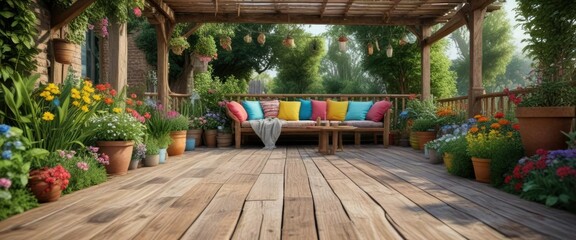 Obraz premium Rustic wooden terrace with colorful garden decor, serene, flowers, rustic, peaceful, terrace