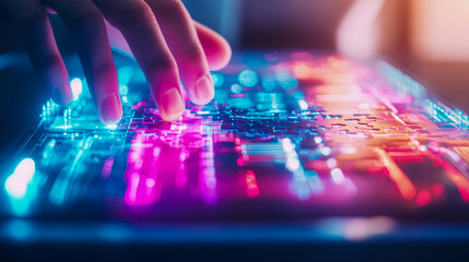 Naklejka premium Neon Glow Puzzle Solution: A Hand Interacting with Illuminated Puzzle Pieces on a Futuristic Surface