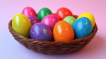 Obraz premium Brightly colored Easter eggs arranged in a decorative wicker basket on a pastel background