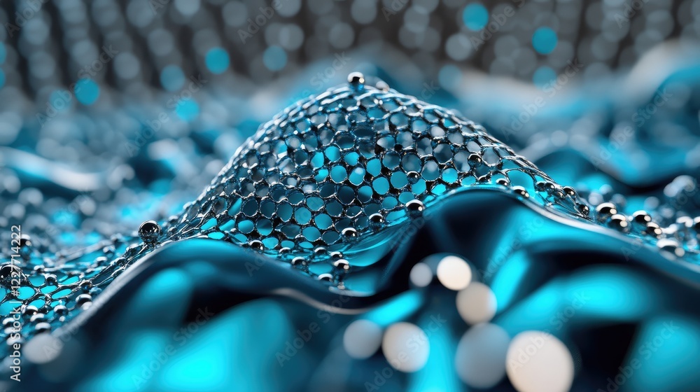 Aufkleber Advanced nanotechnology particles creating intricate patterns on a glowing digital screen with vibrant blue hues and glossy textures.