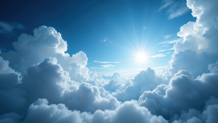 A computer-generated illustration showing a sky with fluffy clouds and a bright sun on the horizon, symbolizing hope or new beginnings, often used to represent the digital world.