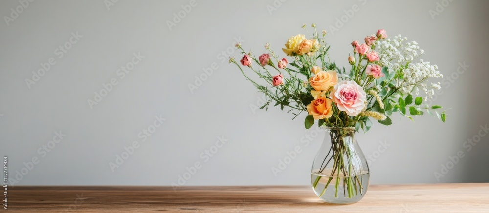 Poster Elegant glass vase with colorful flowers on wooden table showcasing simple background and ample empty space for text or branding.