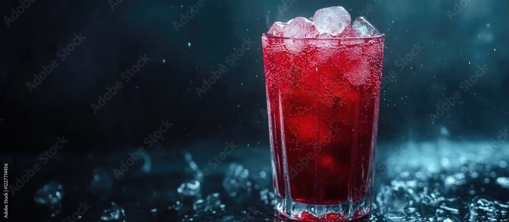 Poster refreshing red juice in a glass with ice cubes against a blurred dark background with ample space fo