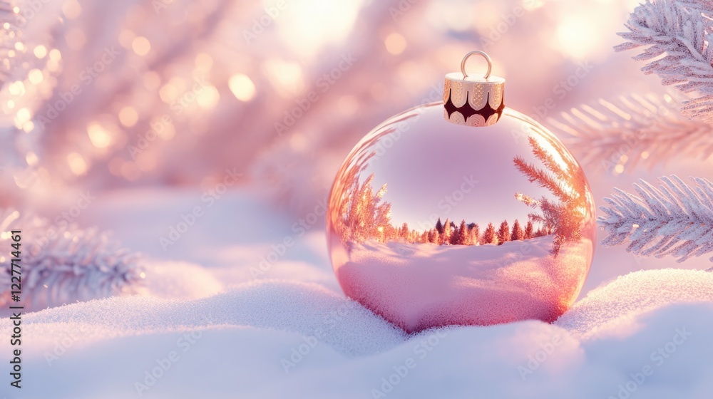 Poster rose gold christmas ornament on snow with pastel background and frosted branches creating a festive 