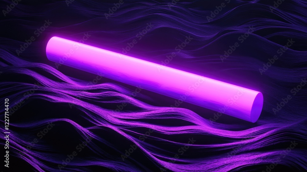 Poster Purple neon cylinder illuminated on a dark wavy surface creating a modern and vibrant visual atmosphere for creative projects.