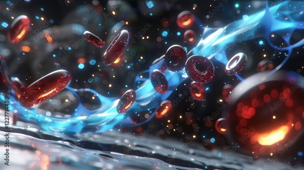 Poster dynamic visualization of blood cells flowing through a vibrant, abstract environment with glowing el