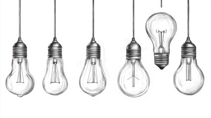 Line drawing of seven hanging lightbulbs, varying slightly in shape and size, rendered in monochrome ink, against a plain white background. One bulb