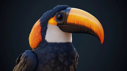 Fototapeta premium Realistic depiction of a toucan featuring a vibrant southern yellow bill and intricate feather details against a dark background.
