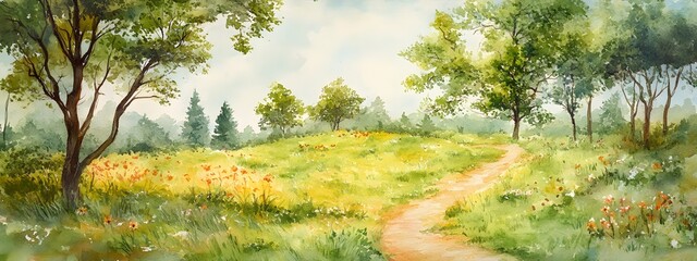 Watercolor landscape with green grass, trees, and flowers in the background, and a road path
