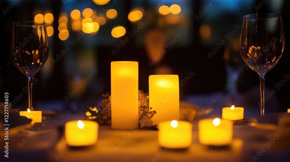 Poster elegant romantic dinner table setting illuminated by led candles surrounded by soft bokeh lights cre