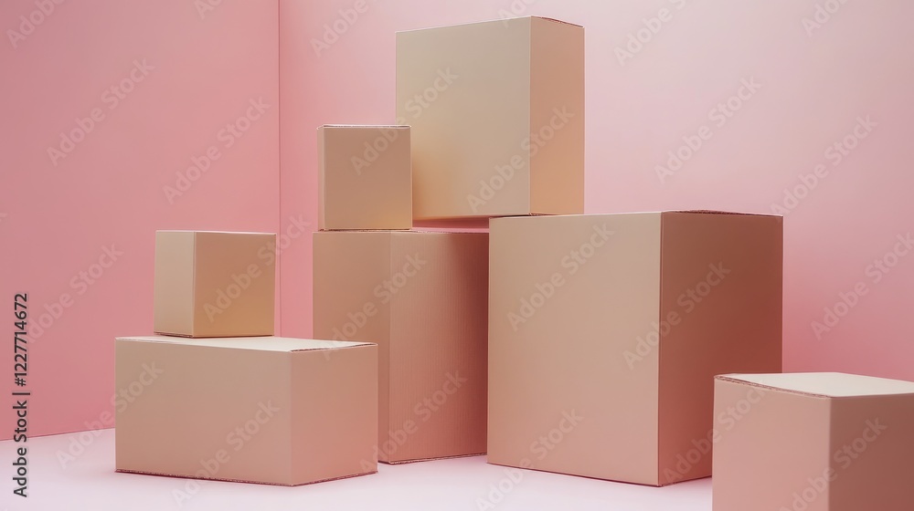 Poster minimalist studio setup featuring stacked cardboard boxes on soft pink background