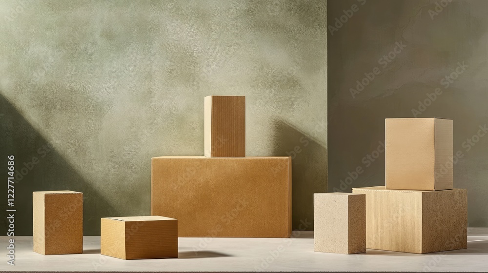Poster cardboard boxes arranged in studio setting with neutral tones and soft lighting for minimalist aesth