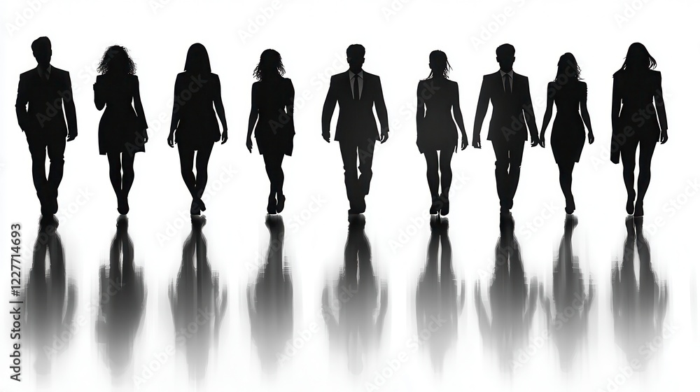 Poster silhouette of a group of business people walking in a line, reflected on a shiny surface. black and 