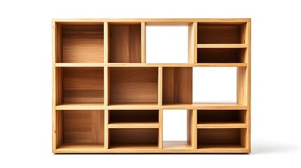 15. A wooden bookshelf with neat compartments and a natural finish, isolated on white