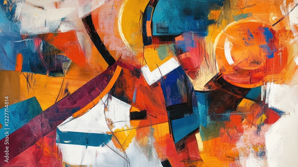 Poster vibrant abstract art featuring dynamic shapes and bold colors in a contemporary style