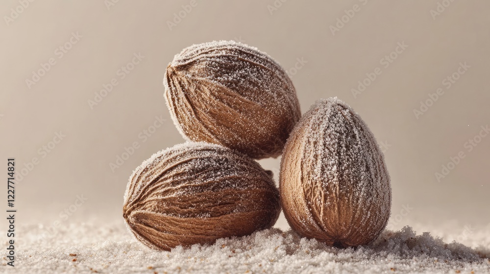 Poster realistic close-up of three isolated frozen nutmeg cloves on a soft background