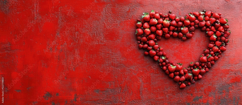 Poster strawberry heart shape arrangement on a vibrant red background with space for customizable text or m