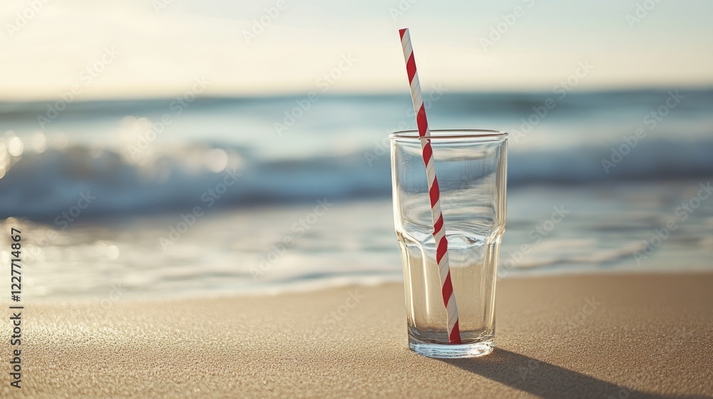 Poster refreshing beverage in a tall glass with red and white straw on sandy beach with soft focus waves an