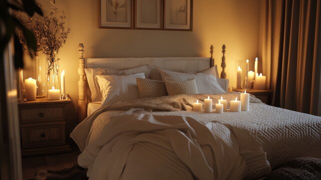 Cozy romantic bedroom interior featuring a luxurious bed adorned with candles for a warm, inviting atmosphere