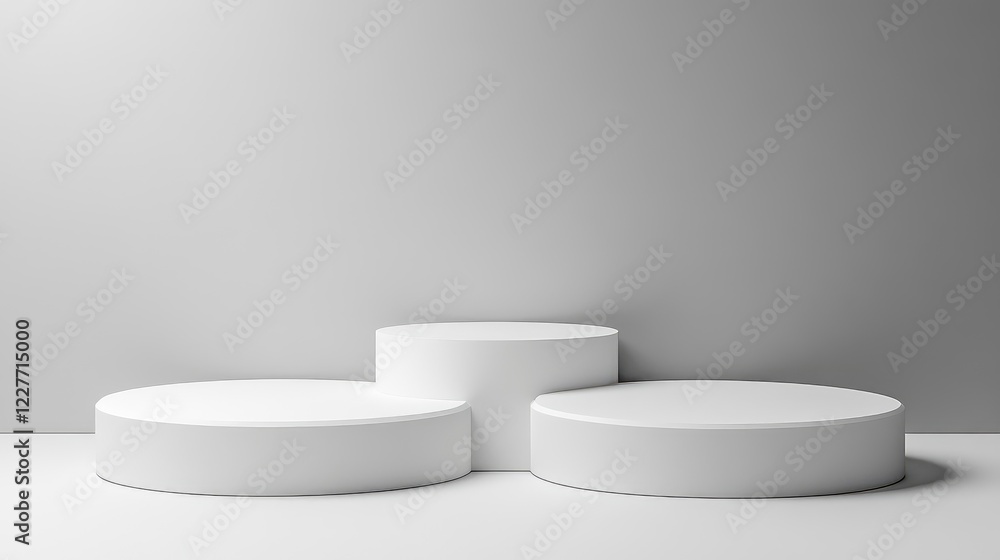 Poster Minimalist three-tiered product display podium on a smooth surface against a grey background for modern branding and advertisingå±•ç¤º.