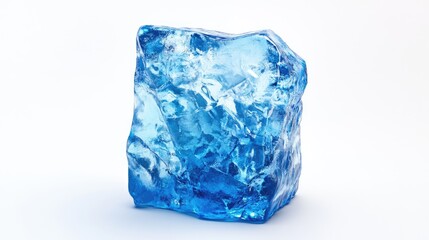 Blue ice block in a studio setting showcasing its clarity and texture against a clean white background for artistic or commercial use.