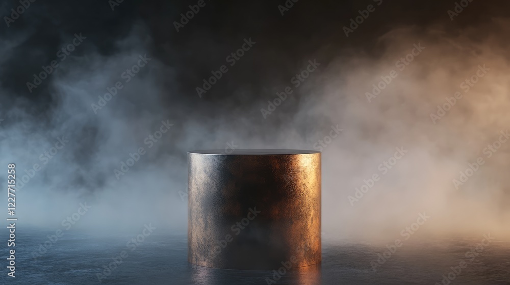 Poster sleek metallic cylinder standing against a dramatic misty background creating an atmospheric and art